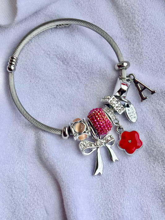 Pandora Charms Cherry Red Bracelet With Customised Initial  ( Silver )