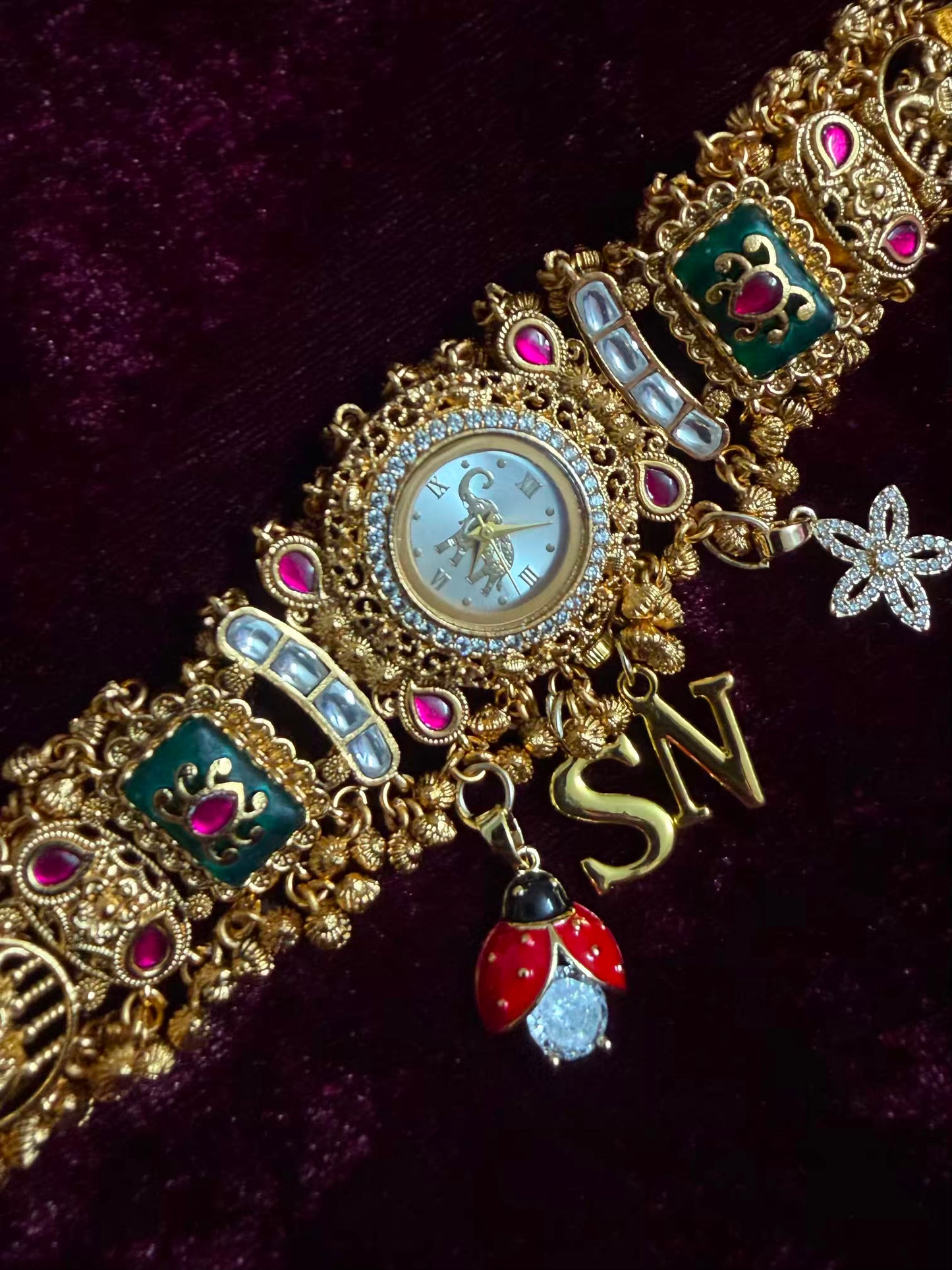 Bee Floral Emerald Meenakari Round Dial Luxury Watch Rakhi (Free Initial)
