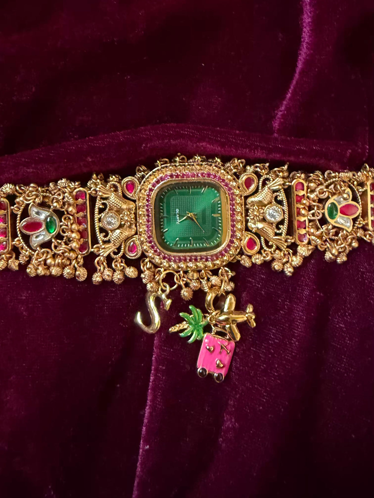 Emerald Royale Pineapple Charm Dial Maharani Watch Bracelet – Gold & Ruby Pink