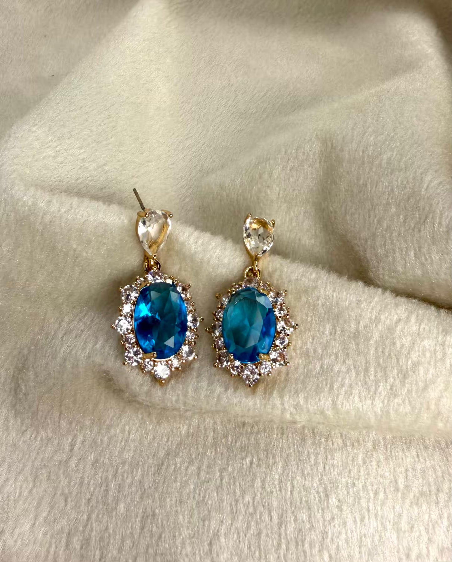 Royal Blue Halo Drop Gold Plated Earrings