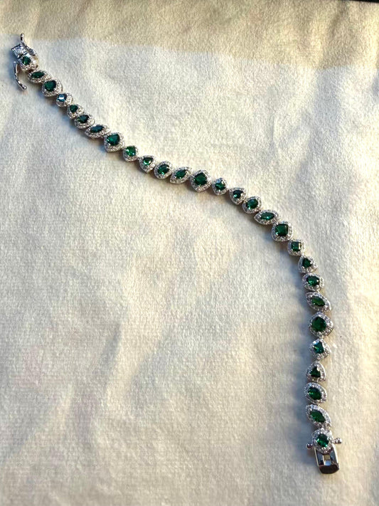 Emerald Halo Shaped Silver Plated Tennis Bracelet