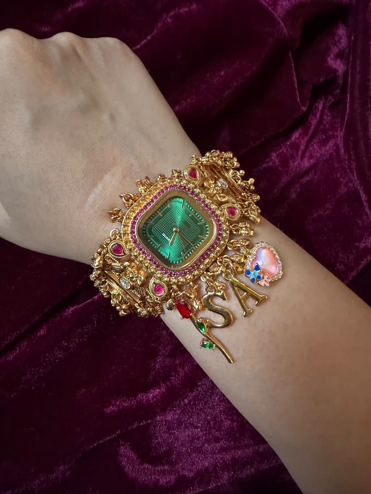 Emerald Green Square Dial Ruby Halo Floral Charm Maharani Watch Bracelet