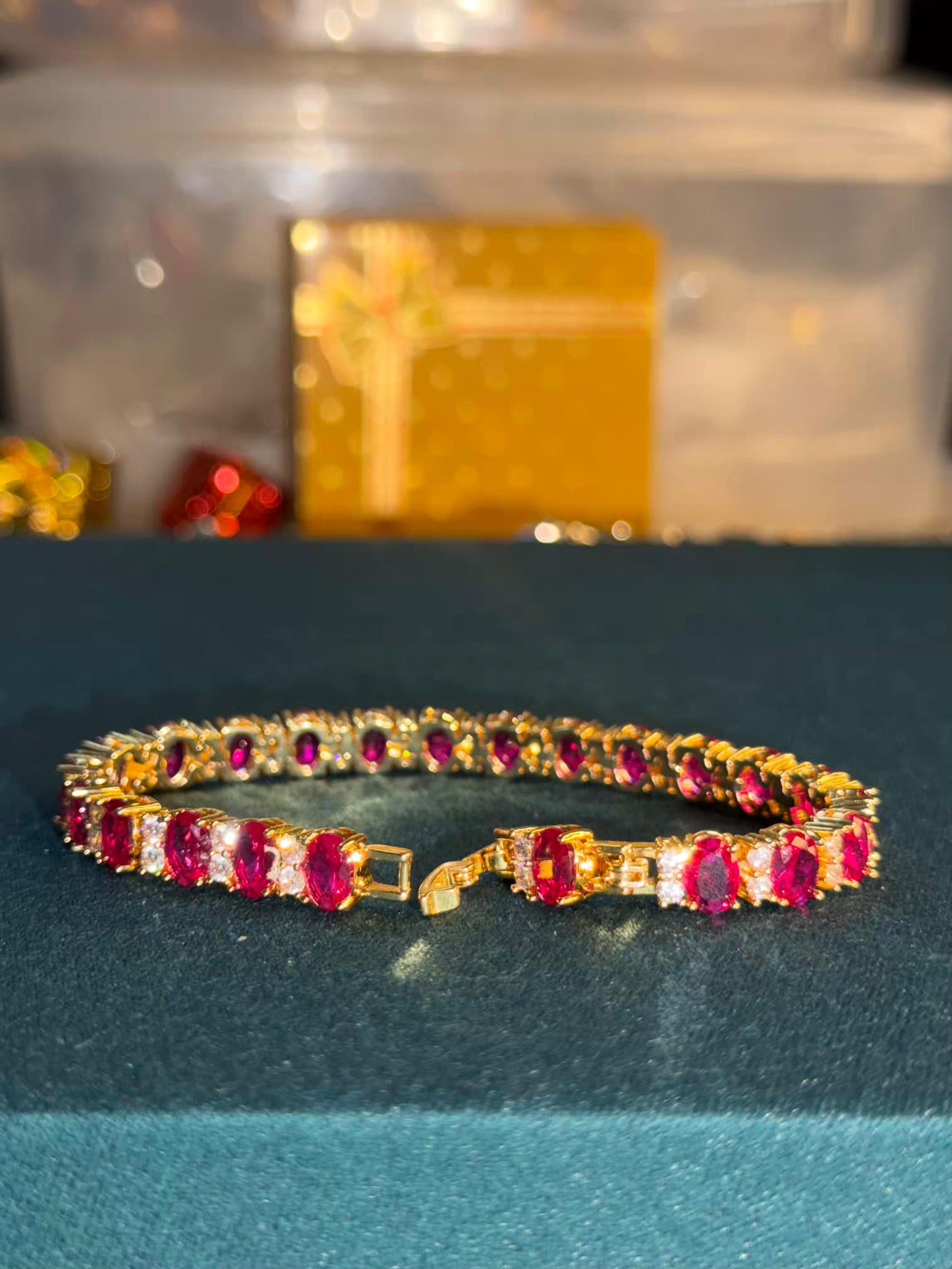 Ruby Pink Oval Gold Plated Tennis Bracelet