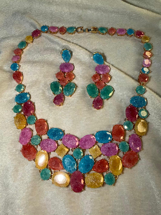 Premium Milky Stones In Rhodium Gold Premium Luxury Plating Necklace Set With Earrings