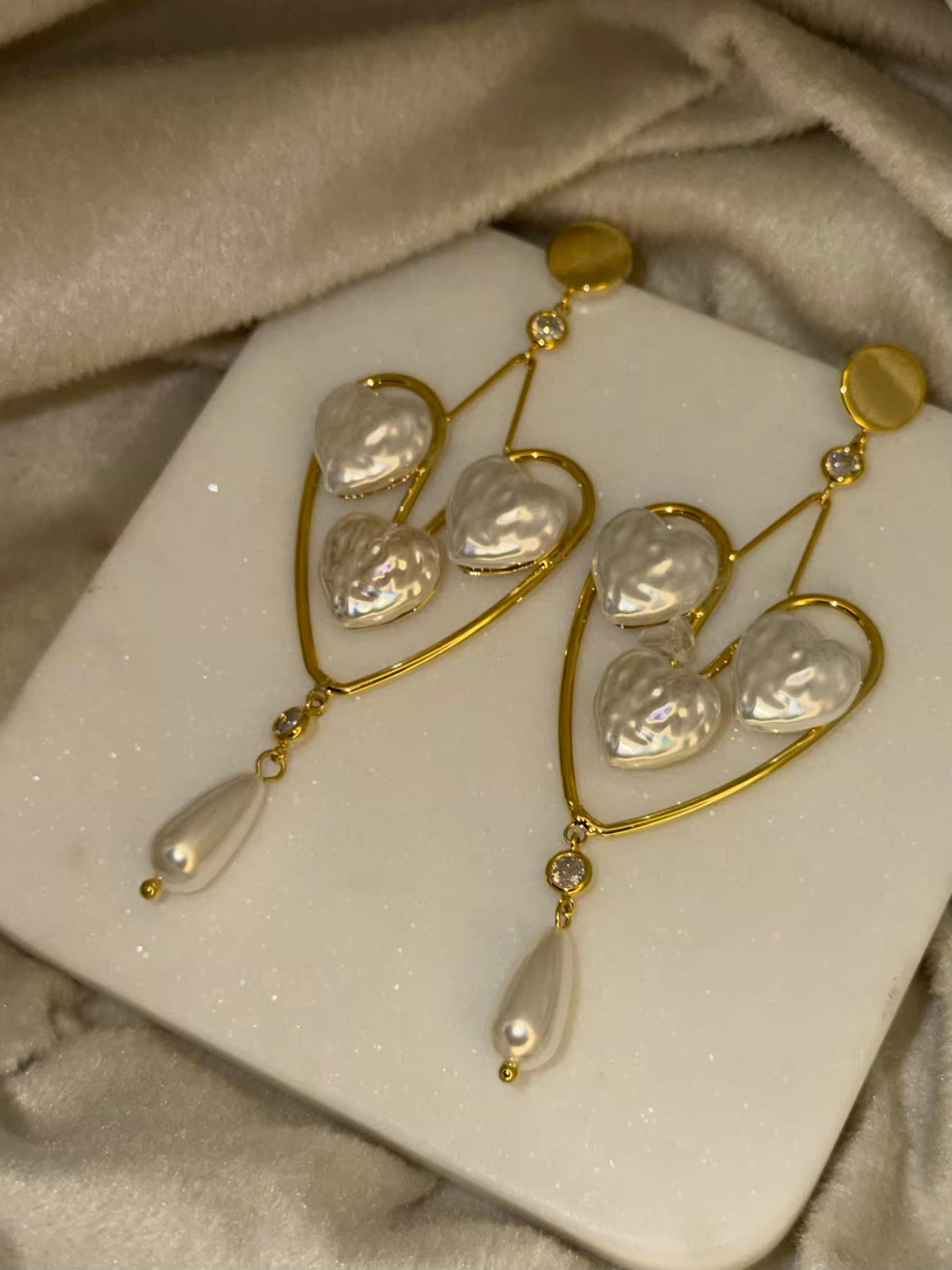 Golden White Heart Shaped Gold Plated Earrings
