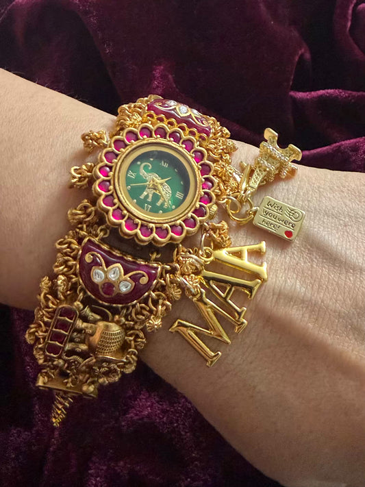 Wish You Were Here MAA Emerald Green Round Dial Ruby Pink Stone Elephant Charm Heritage Maharani Watch Bracelet