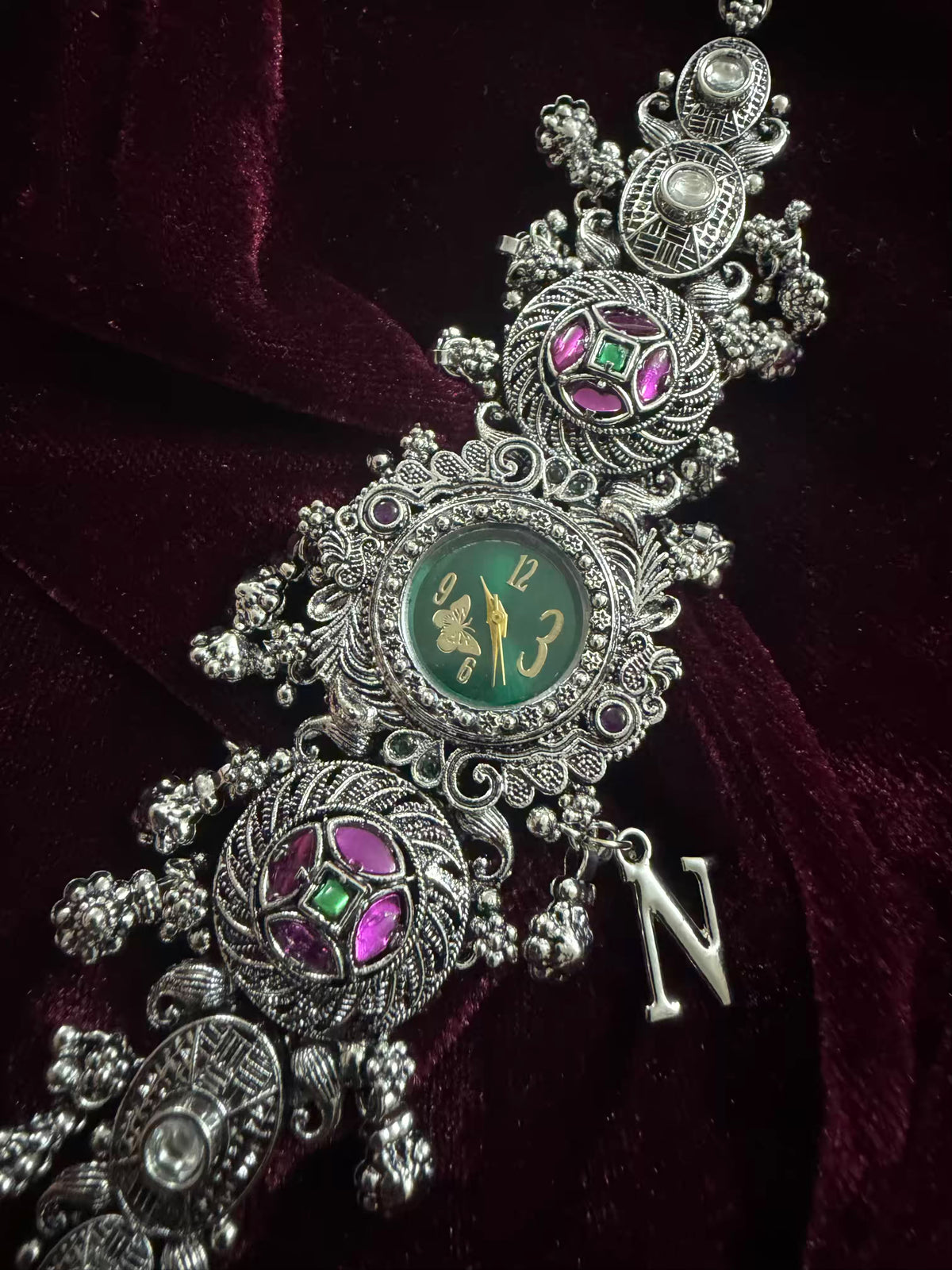 Garnet Silver-Tone Navratri Oxidised Heritage Watch