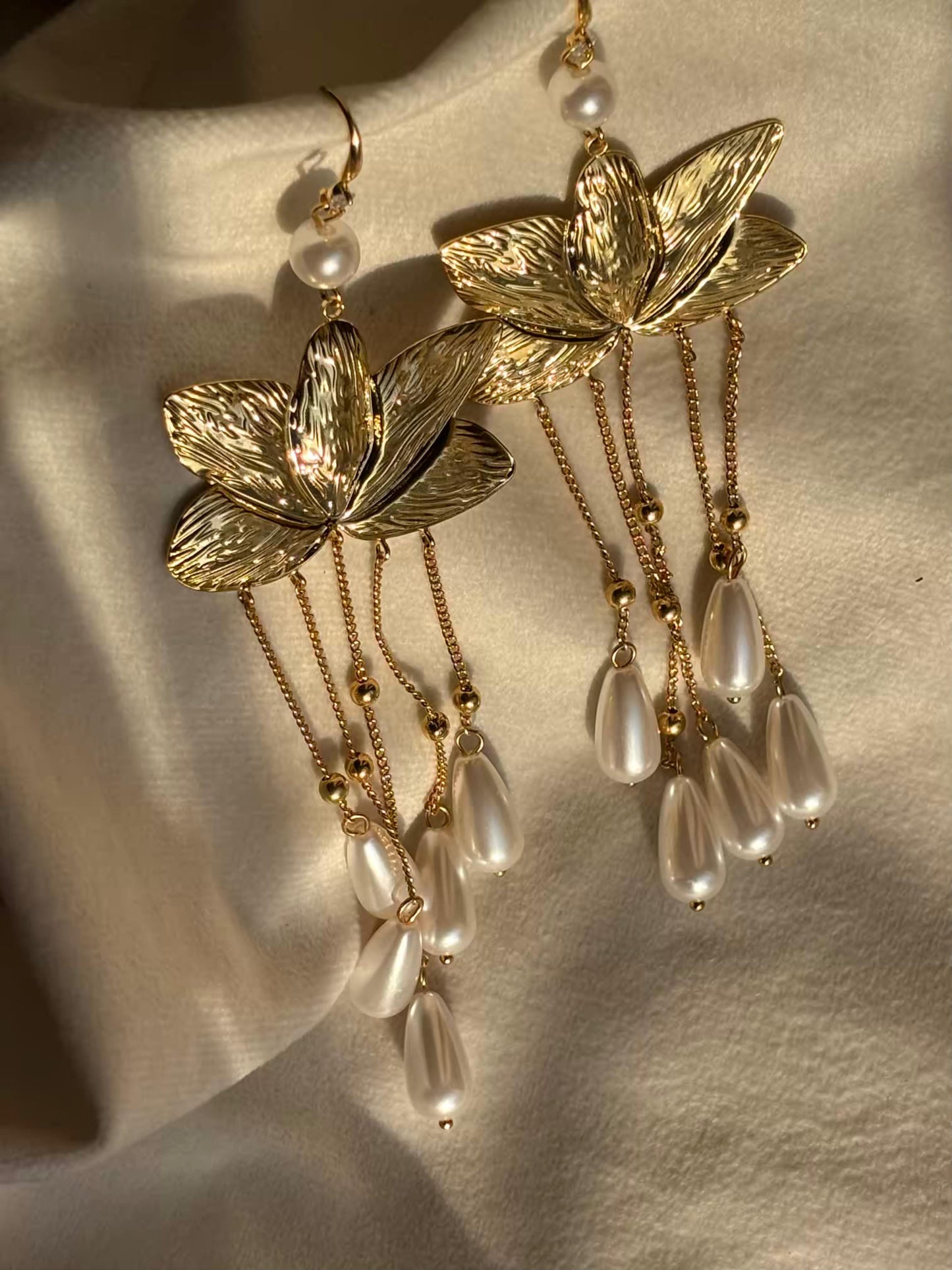 Lotus Pearl Dangles Studds Earrings 18K Gold Plated Premium Earrings
