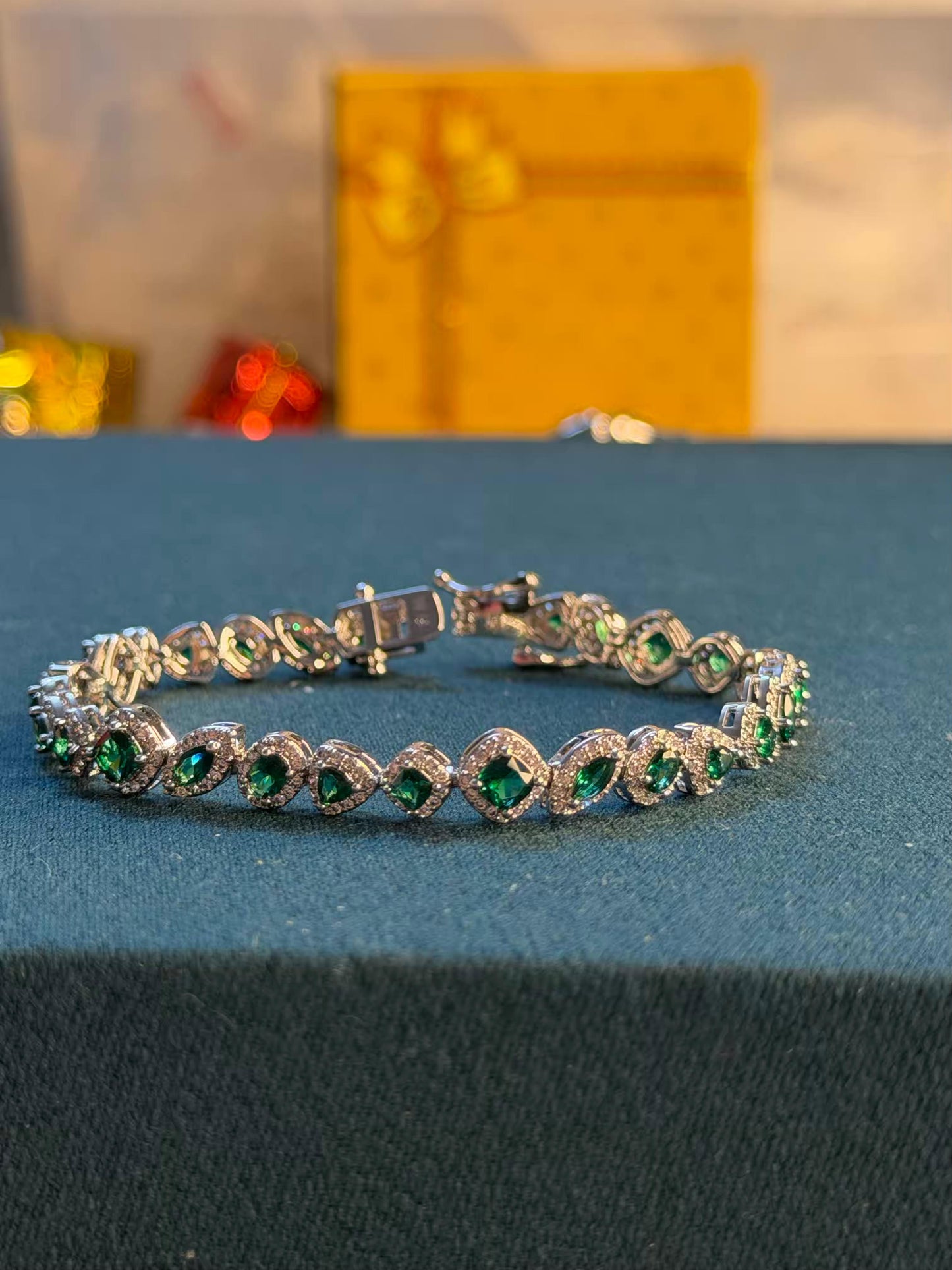 Emerald Halo Shaped Silver Plated Tennis Bracelet
