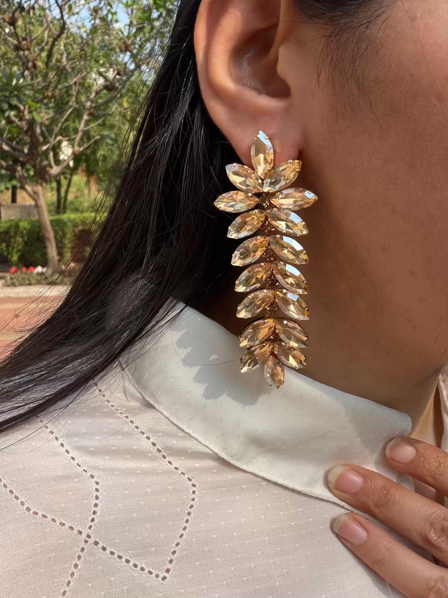 Floral Style Golden Colour Long Gold Plated Earrings