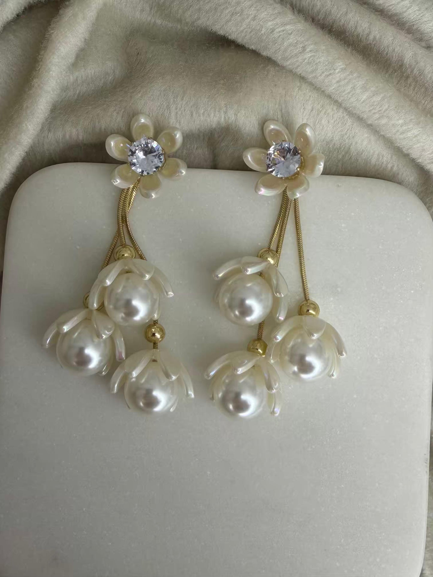 White Mini Flower Shaped Gold Plated Earrings