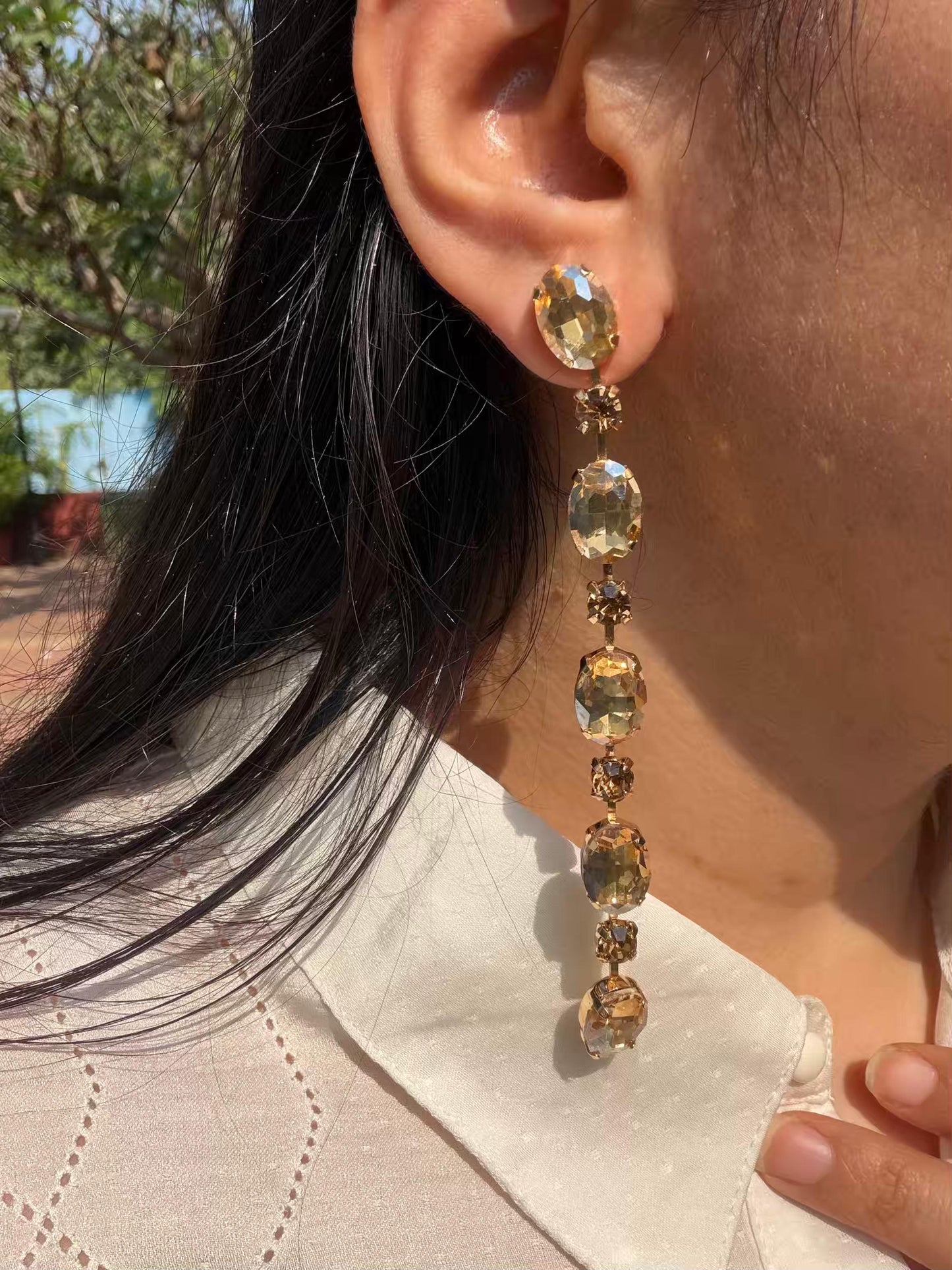 Golden Colour Stones Long Gold Plated Earrings