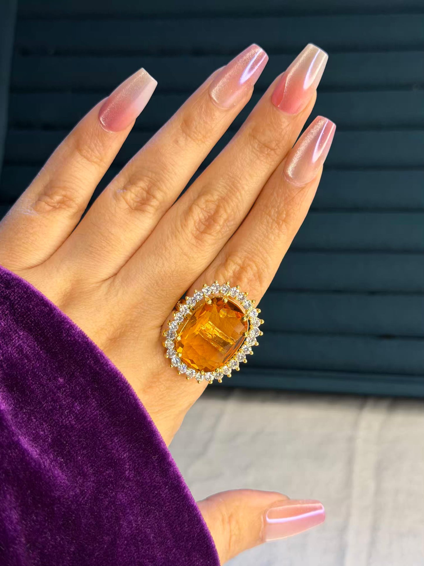 Yellow Big Stone Stetment Gold Plated Premium Ring (Adjustable)