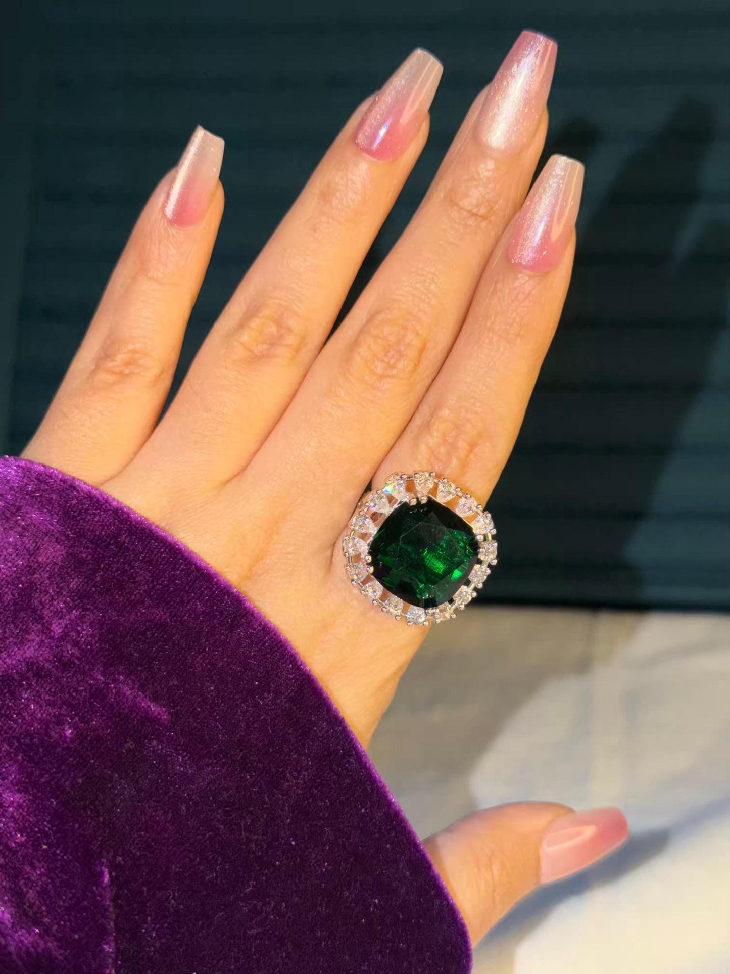 Emerald Statement Big Silver Plated Premium Ring (Adjustable)