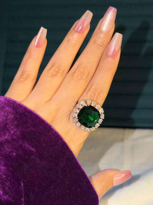 Emerald Statement Big Silver Plated Premium Ring (Adjustable)