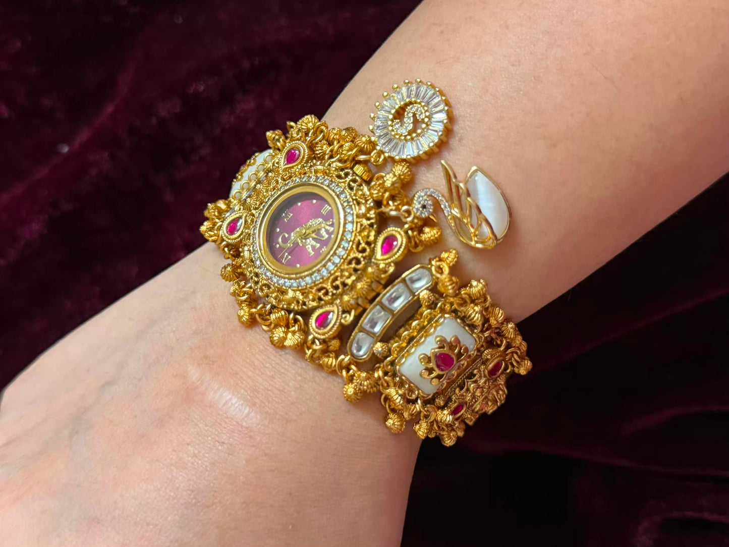 Swan S Burgundy Elephant Heritage Watch Rakhi in Premium Swarovski (Free Initial)