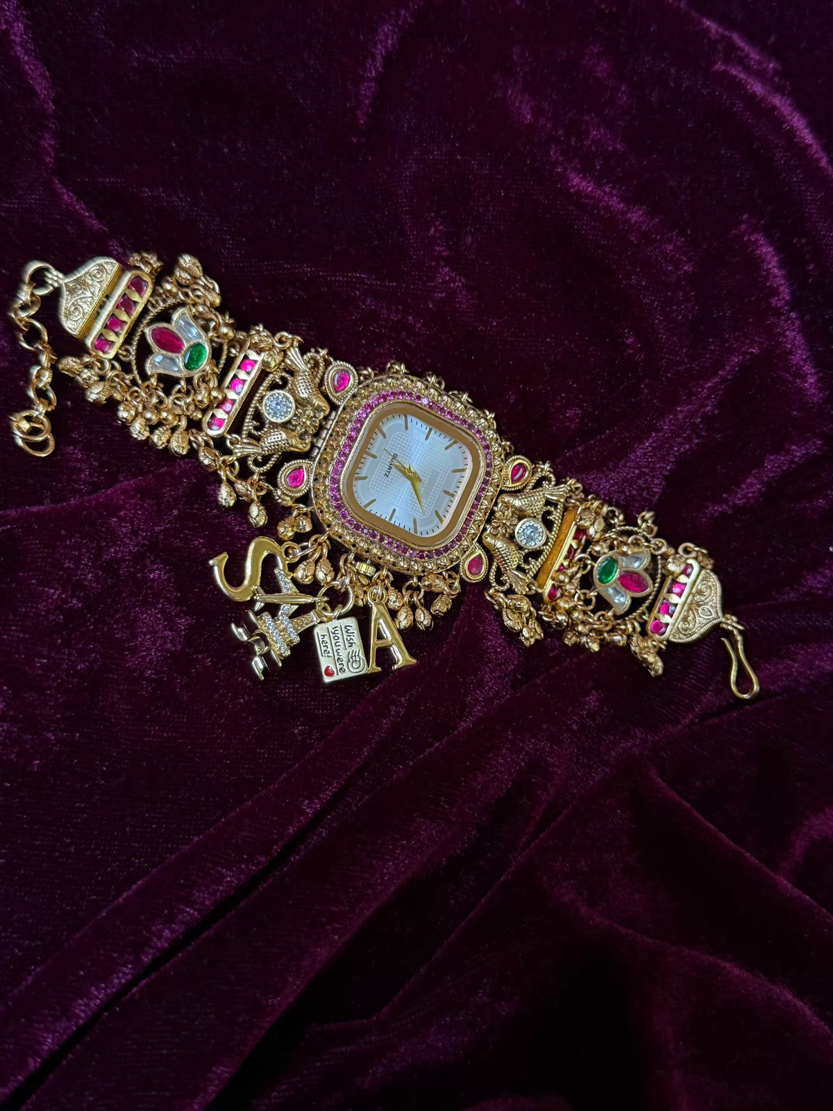 Ruby Charm Pink Stone Square Dial Maharani Watch Bracelet
