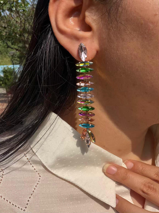 Long Stone Chain Multicolour Gold Plated Earrings