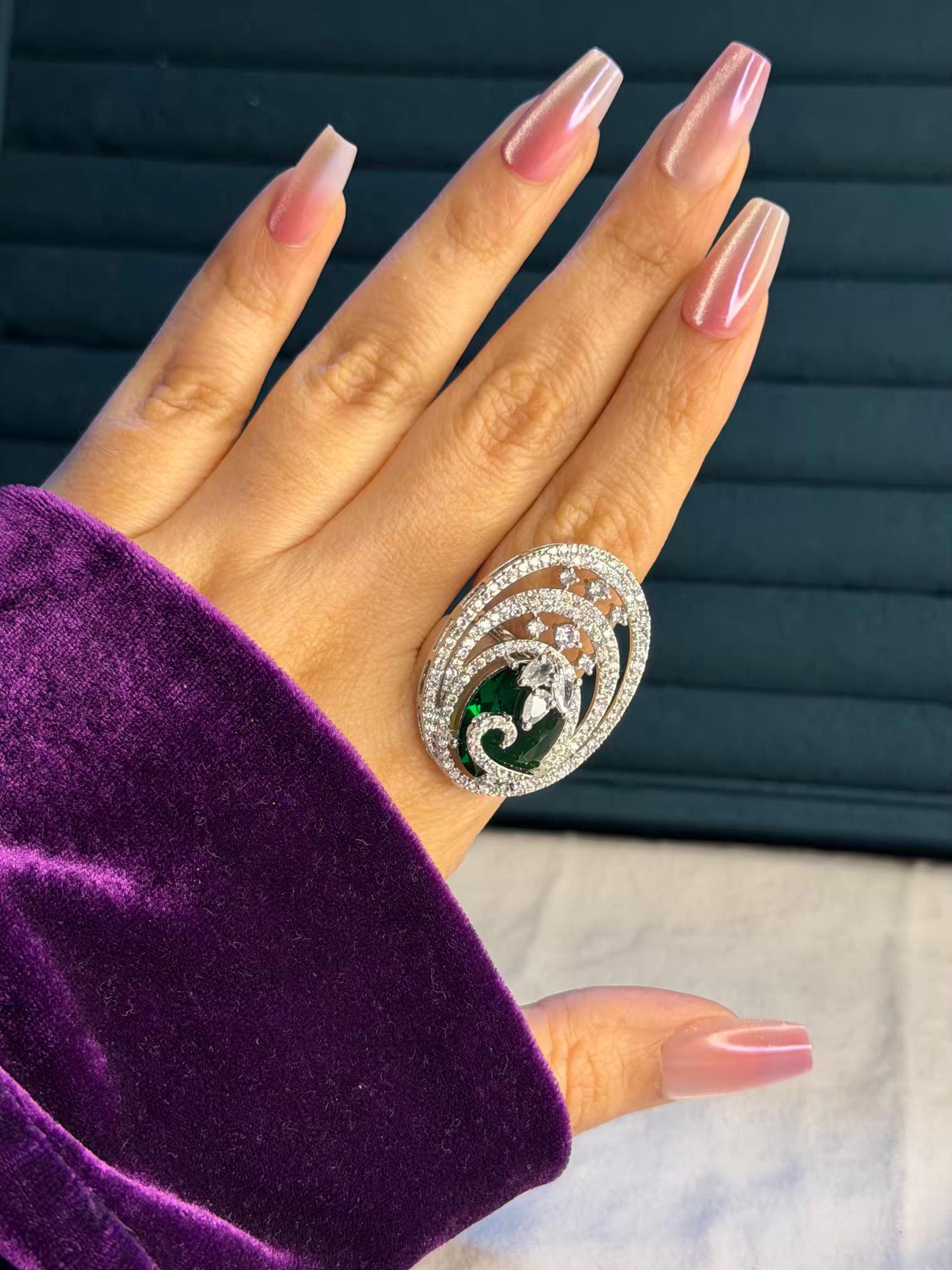 Emerald Seraph Swirl Silver Plated Premium Ring (Adjustable)