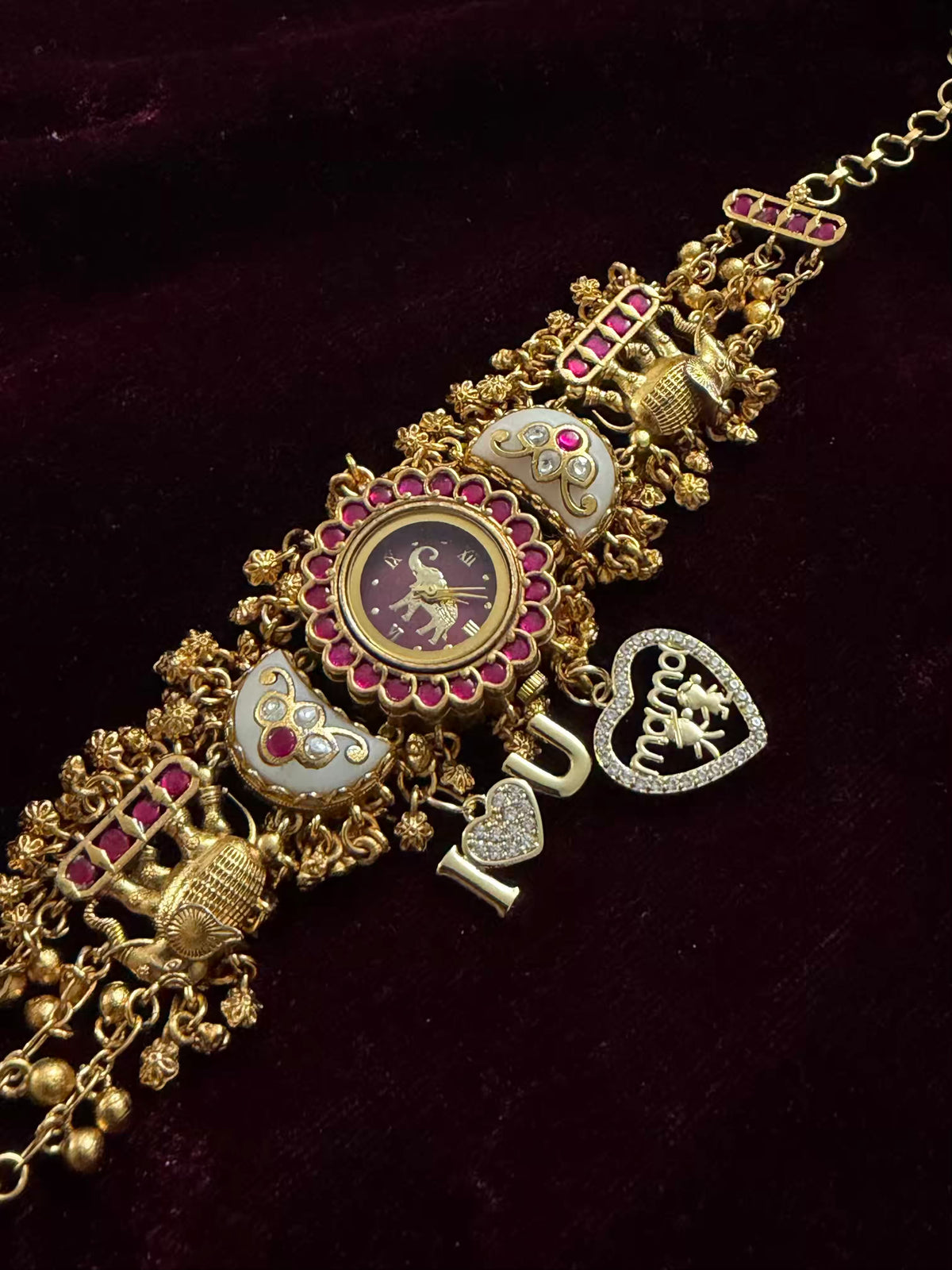 I Love You Mama Pink Stone Elephant Heritage Watch with Initials – Maharani Watch Bracelet