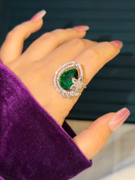Emerald Green Royale Aura Silver Plated Premium Ring (Adjustable)