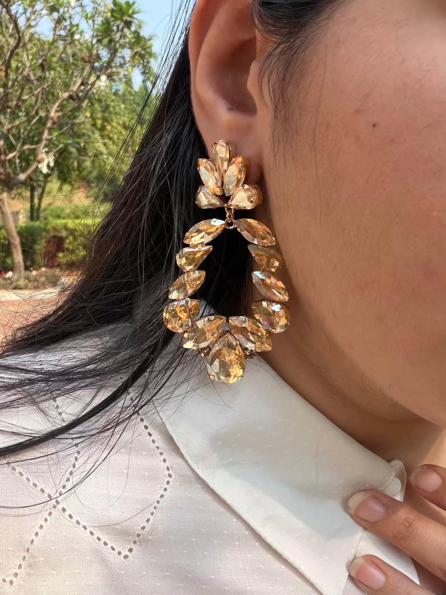 Golden Oval Shape Long Gold Plated Earrings