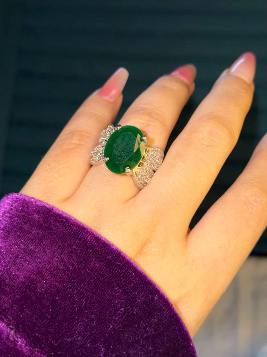 Emerald Green Oval Big Silver Plated Size 7 Us Ring
