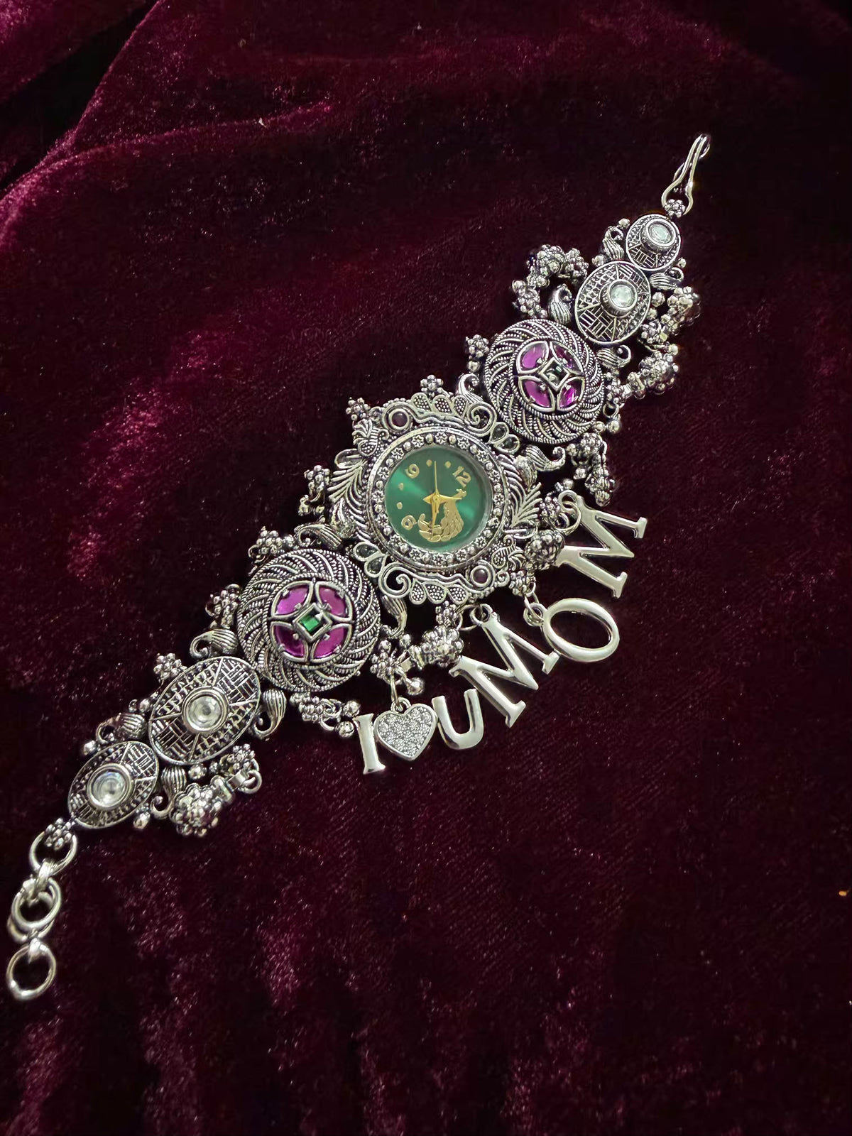 I Love You Mom Emerald Greqen Round Dial Silver Oxidised Peacock Charm Maharani Watch Bracelet
