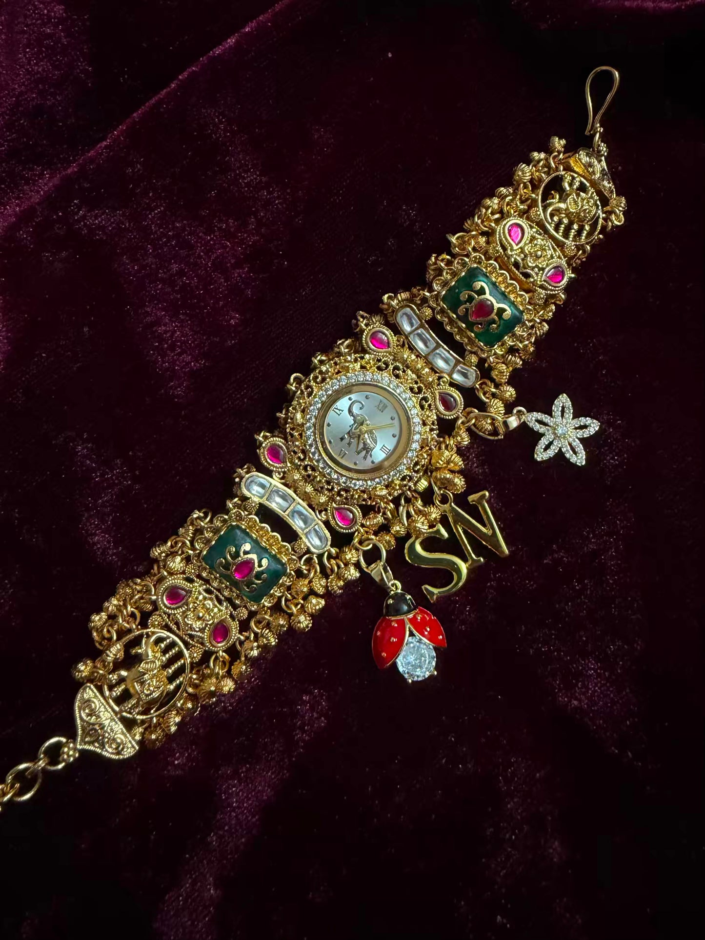 Bee Floral Emerald Meenakari Round Dial Luxury Watch Rakhi (Free Initial)