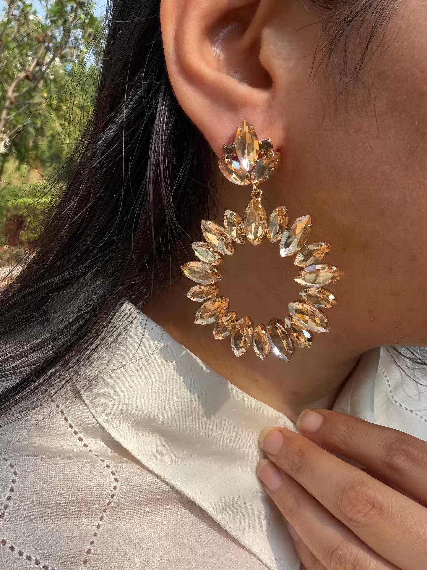 Flower Long Hoop Gold Plated Earrings
