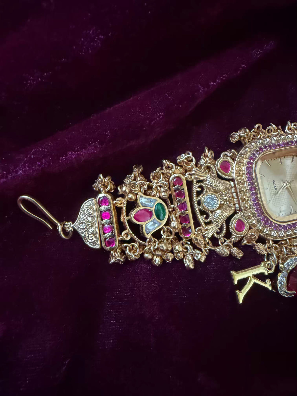 Ruby Heart Charm Golden Square Dial Maharani Watch Bracelet