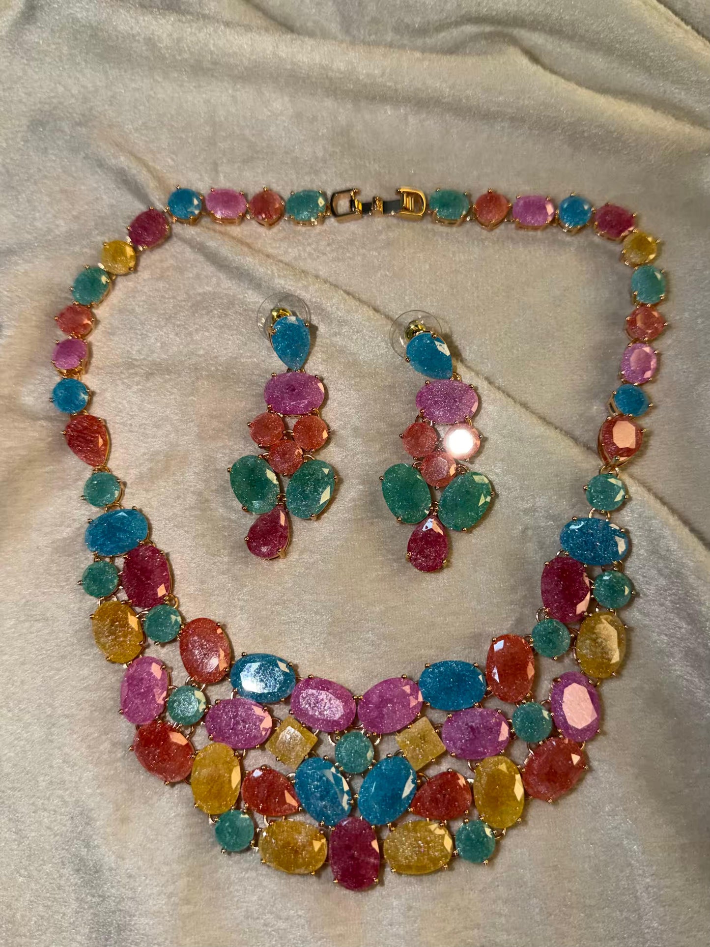 Premium Milky Stones In Rhodium Gold Premium Luxury Plating Necklace Set With Earrings