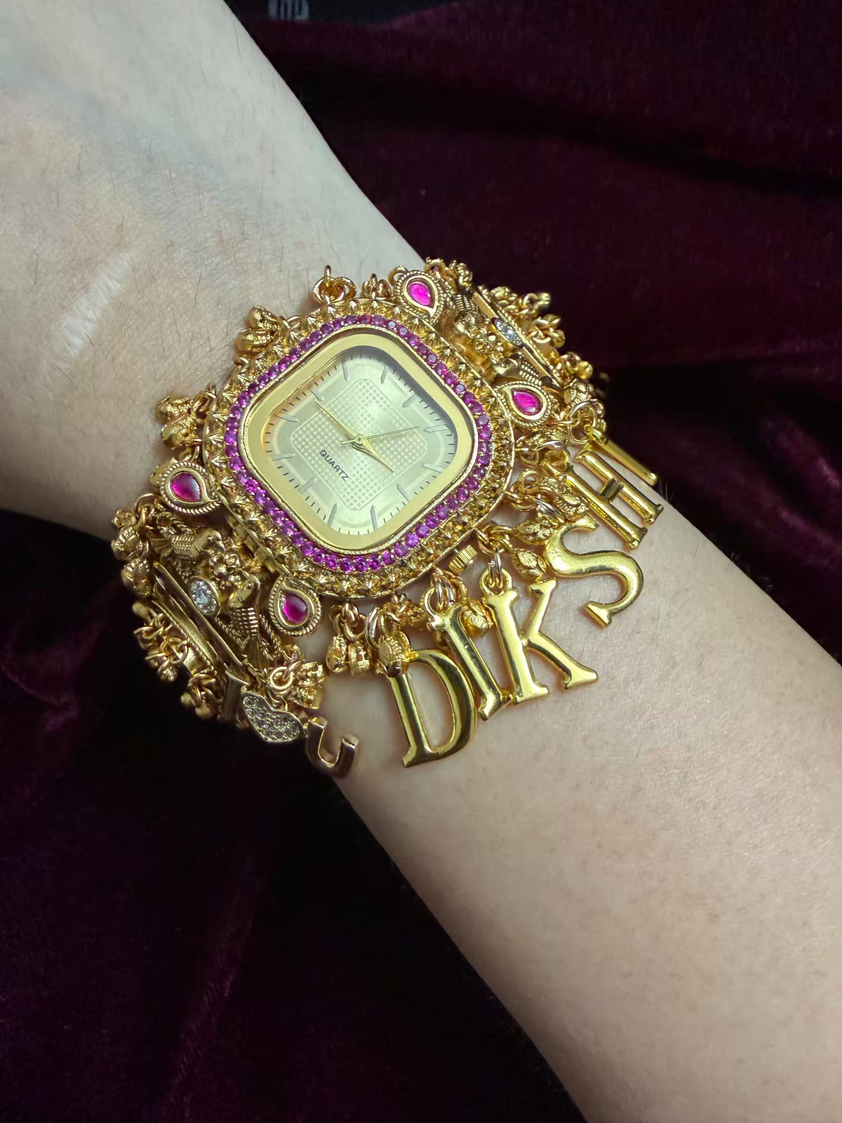 Ruby Pink Stone Gold Square Dial I Love You Charm Maharani Watch Bracelet