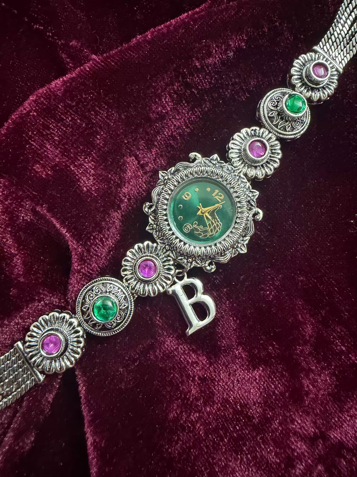 Maharani Green & Pink Elegance Silver-Tone Navratri Oxidised Heritage Watch