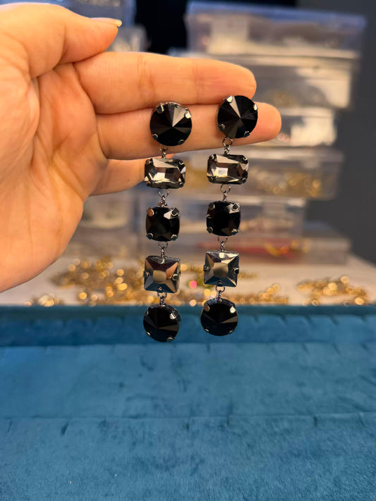 Black And Silver Colour Multishape Long Gold Plated Earrings