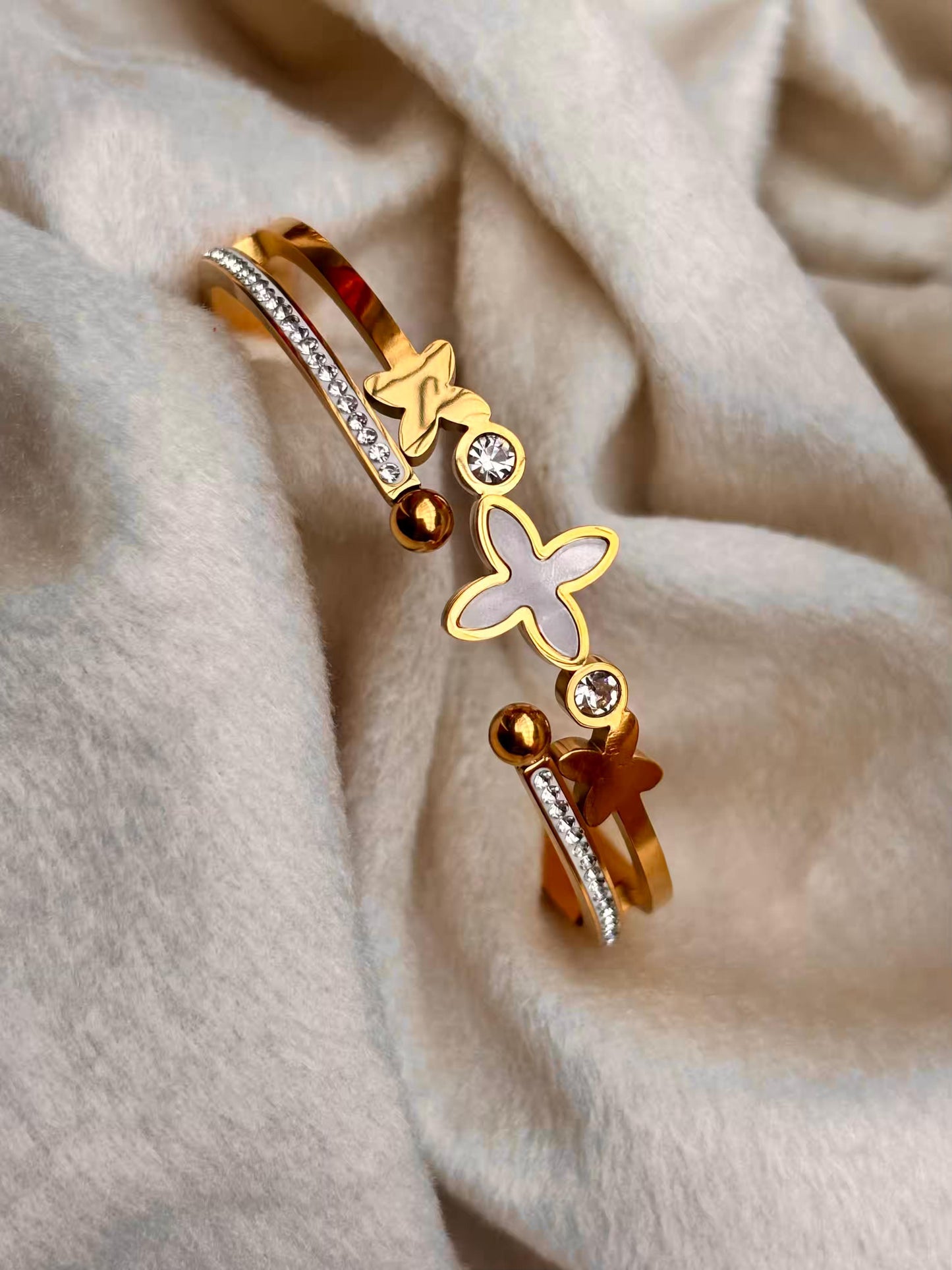 For Thin Wrist White Studded Clover Bangle 18K Gold plated Premium Bangle 2.2 - 2.4 Size
