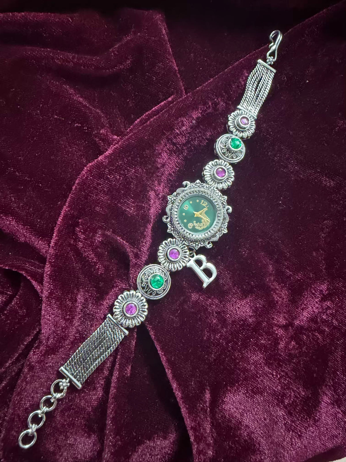 Maharani Green & Pink Elegance Silver-Tone Navratri Oxidised Heritage Watch