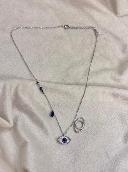 Blue Dual Evil Eye Necklace Silver Plated Premium Necklace