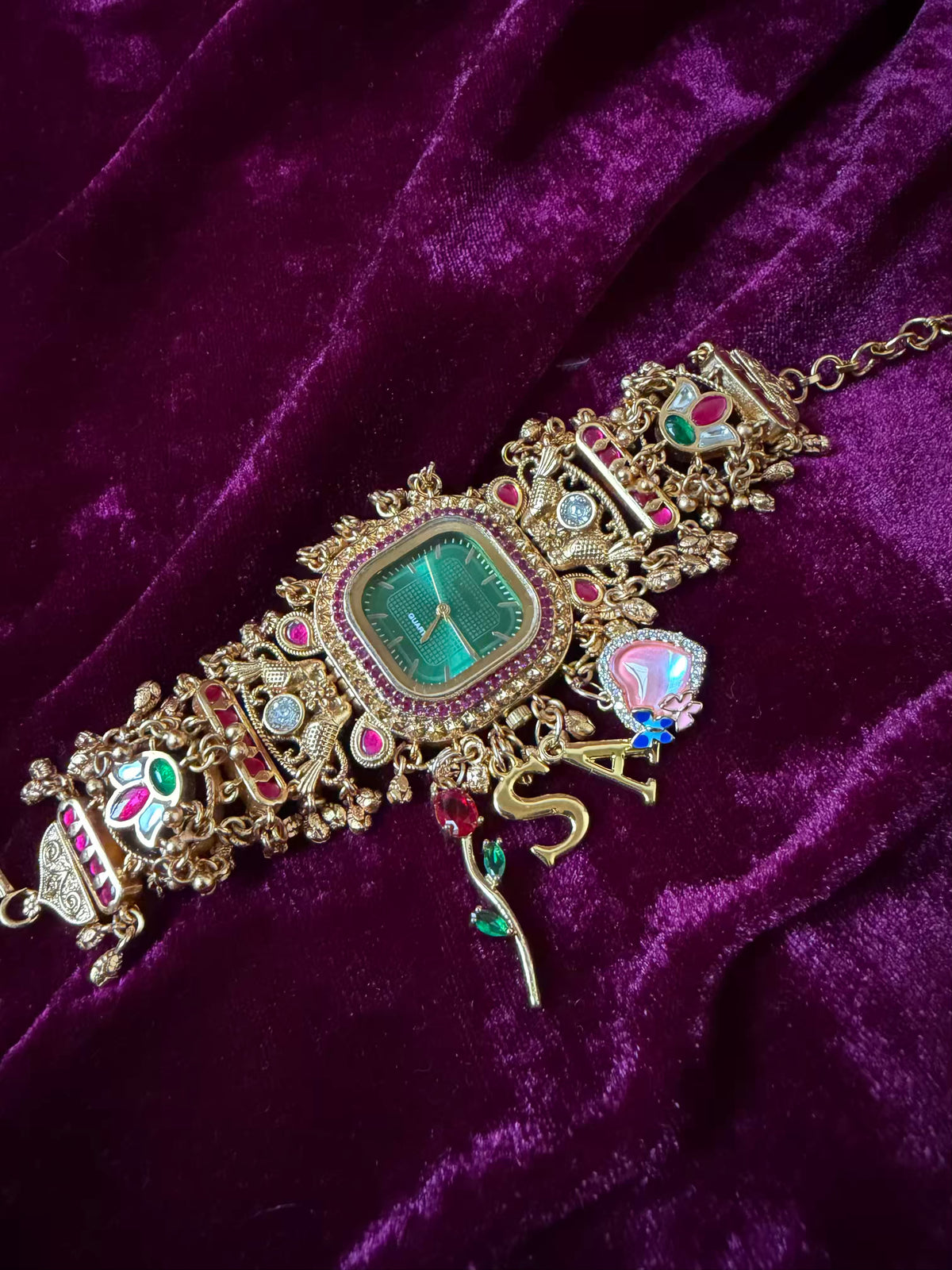 Emerald Green Square Dial Ruby Halo Floral Charm Maharani Watch Bracelet