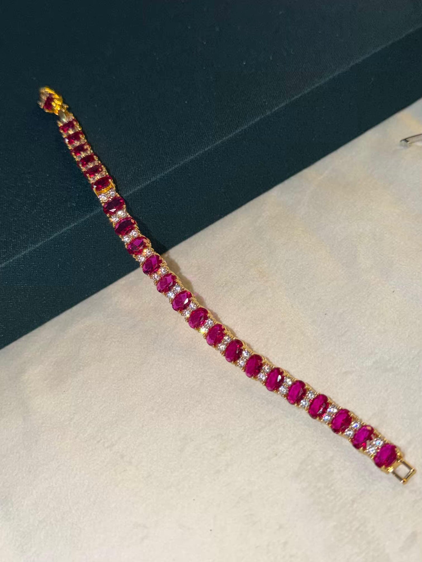 Ruby Pink Oval Gold Plated Tennis Bracelet