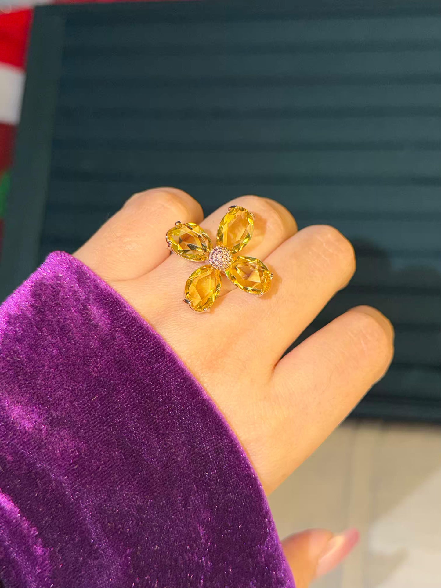 Yellow Flower Silver Plated Premium Ring (Adjustable)