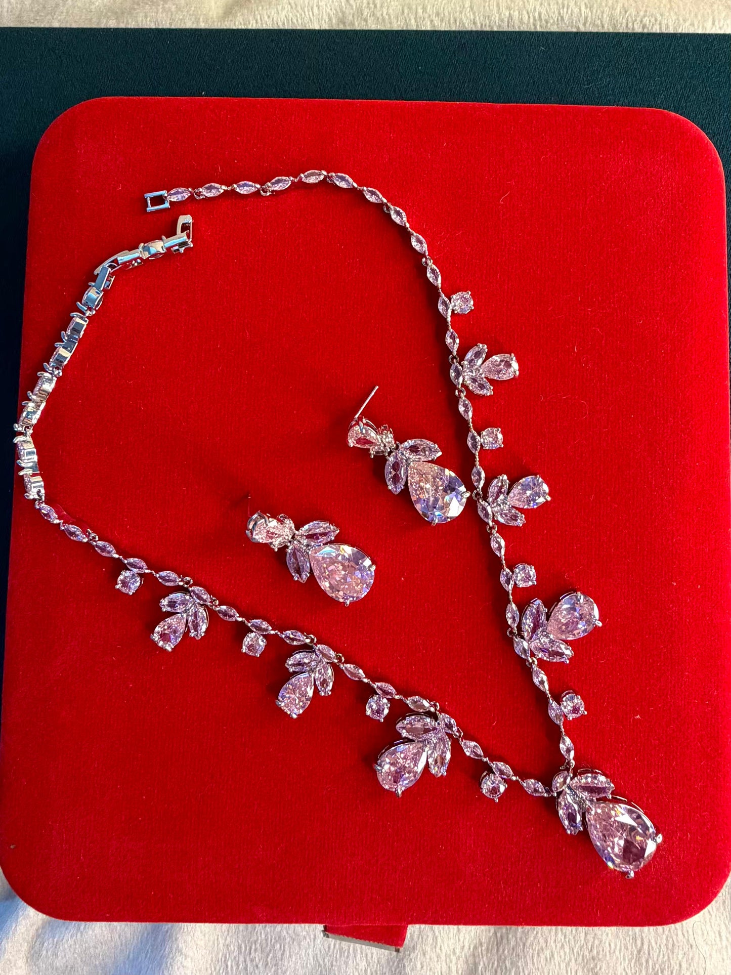 Pink Floral Rhodium Plated Necklace Set with Earrings