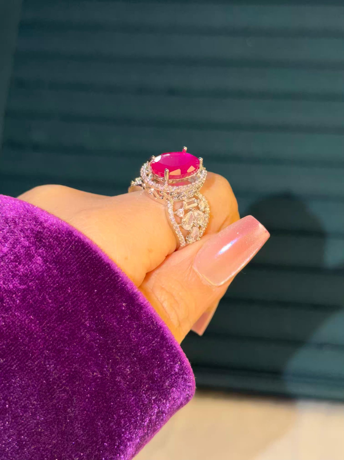 Ruby Pink Silver Plated Premium Ring (Adjustable)