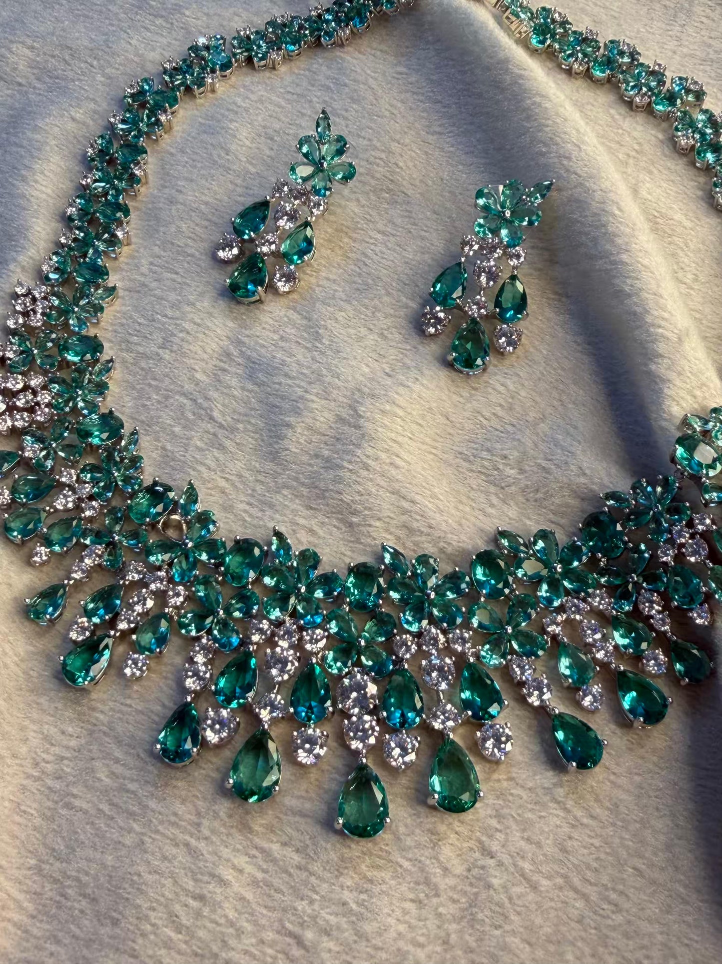 Turquoise Princess Cocktail Party Necklace Set with Earrings - Rhodium Silver Plated