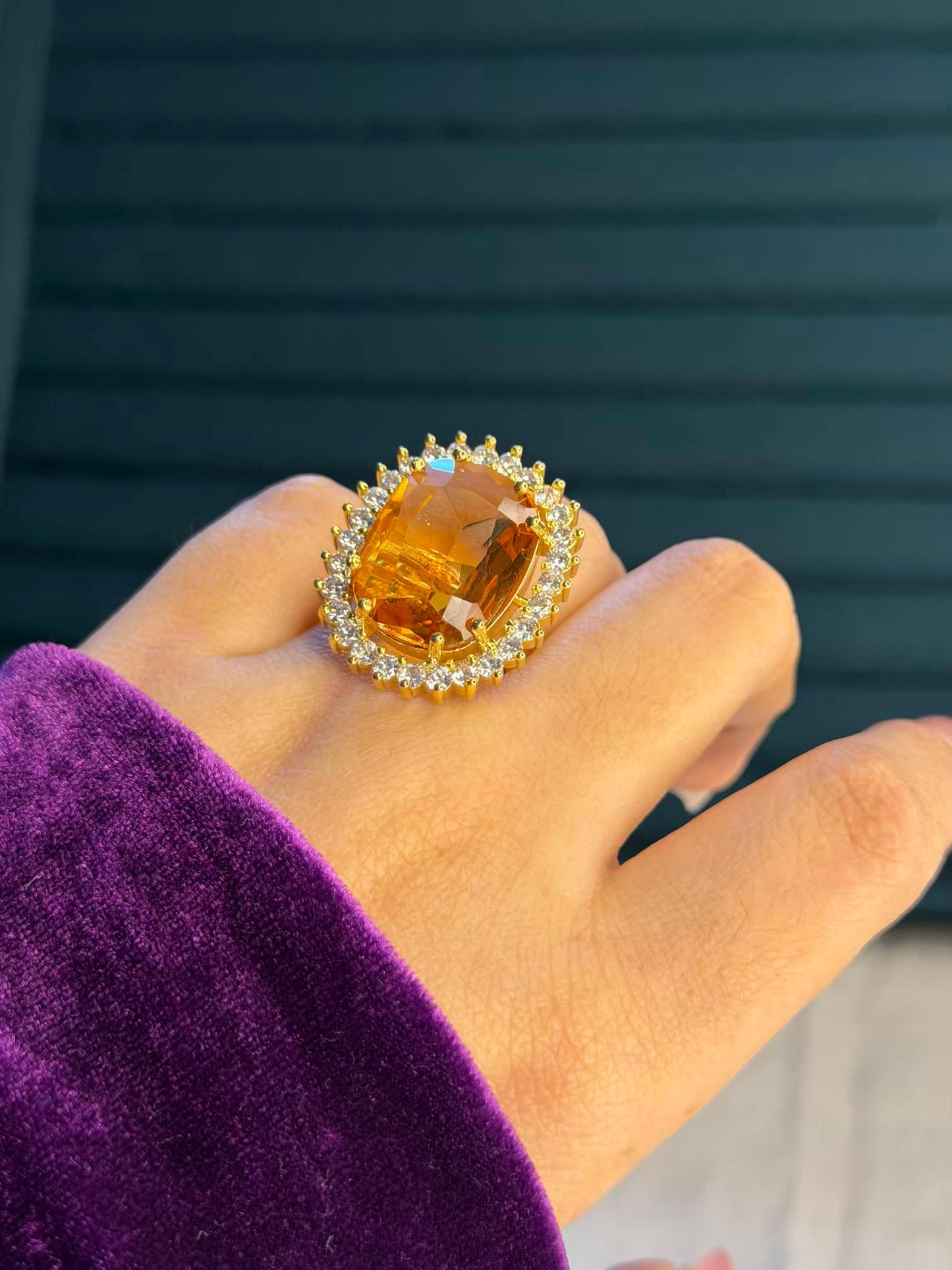 Yellow Big Stone Stetment Gold Plated Premium Ring (Adjustable)