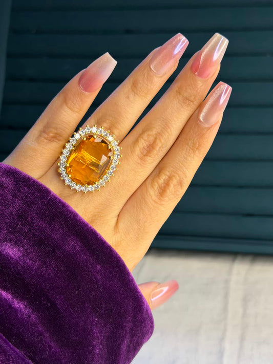 Yellow Big Stone Stetment Gold Plated Premium Ring (Adjustable)
