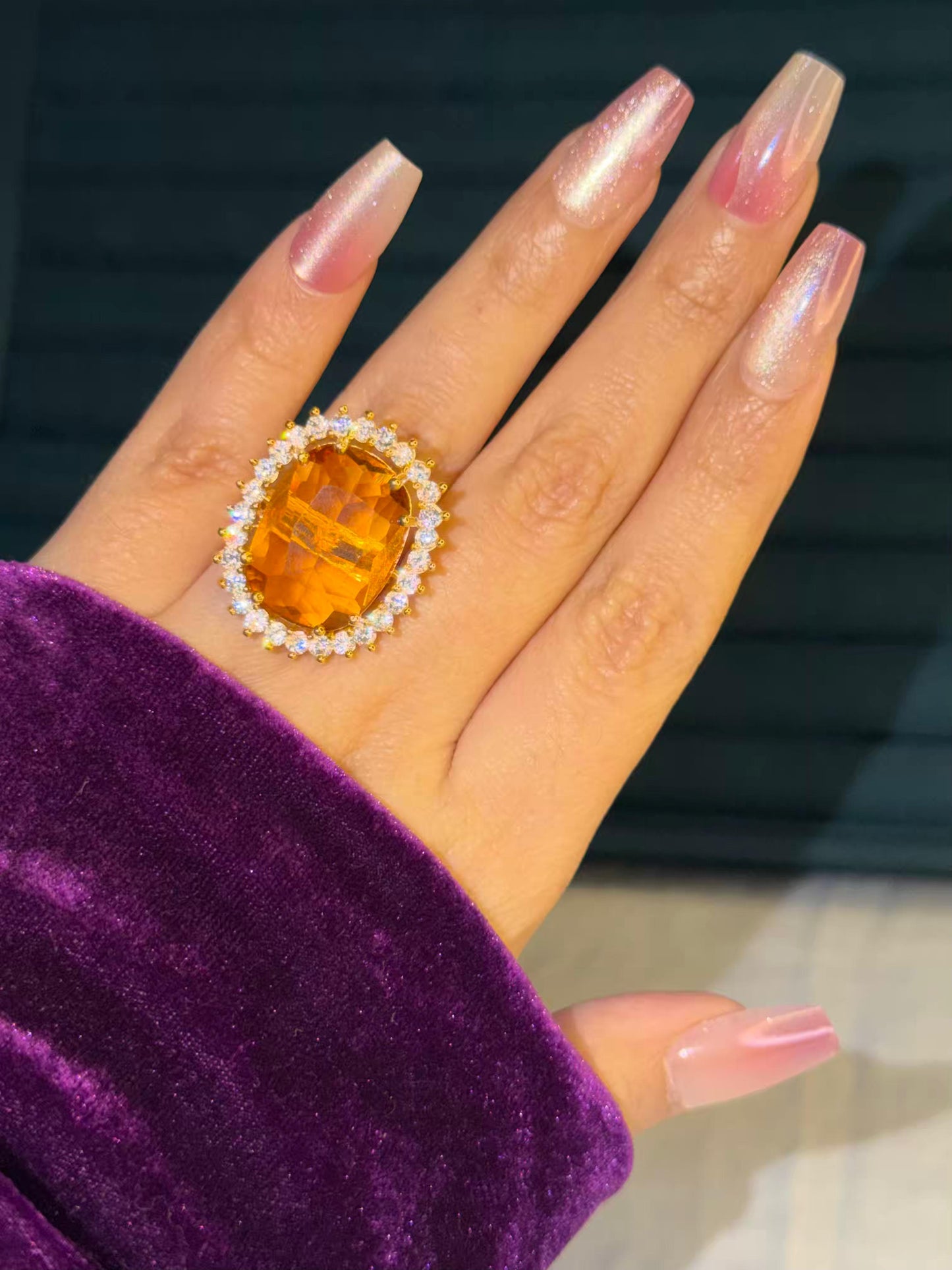 Yellow Big Stone Stetment Gold Plated Premium Ring (Adjustable)