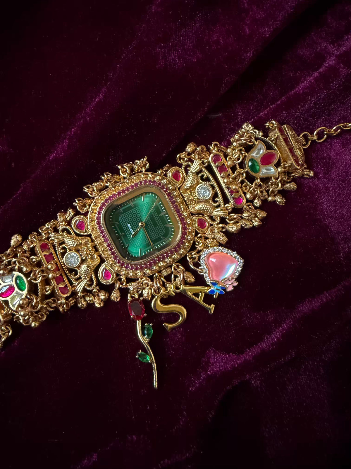 Emerald Green Square Dial Ruby Halo Floral Charm Maharani Watch Bracelet