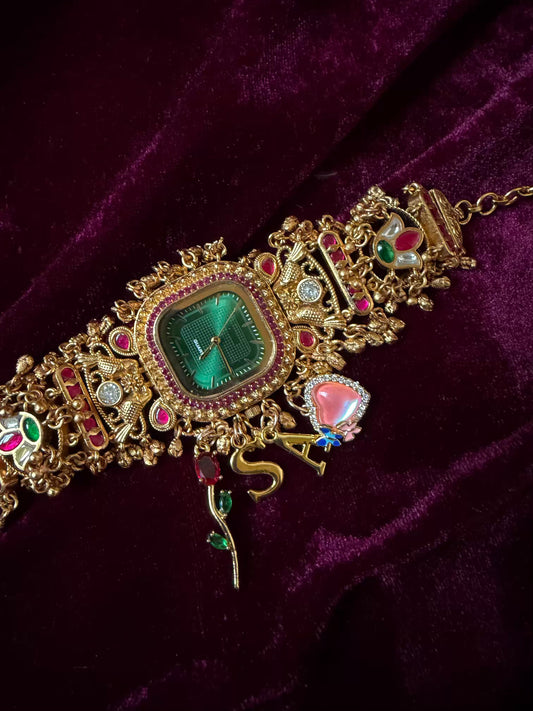 Emerald Green Square Dial Ruby Halo Floral Charm Maharani Watch Bracelet