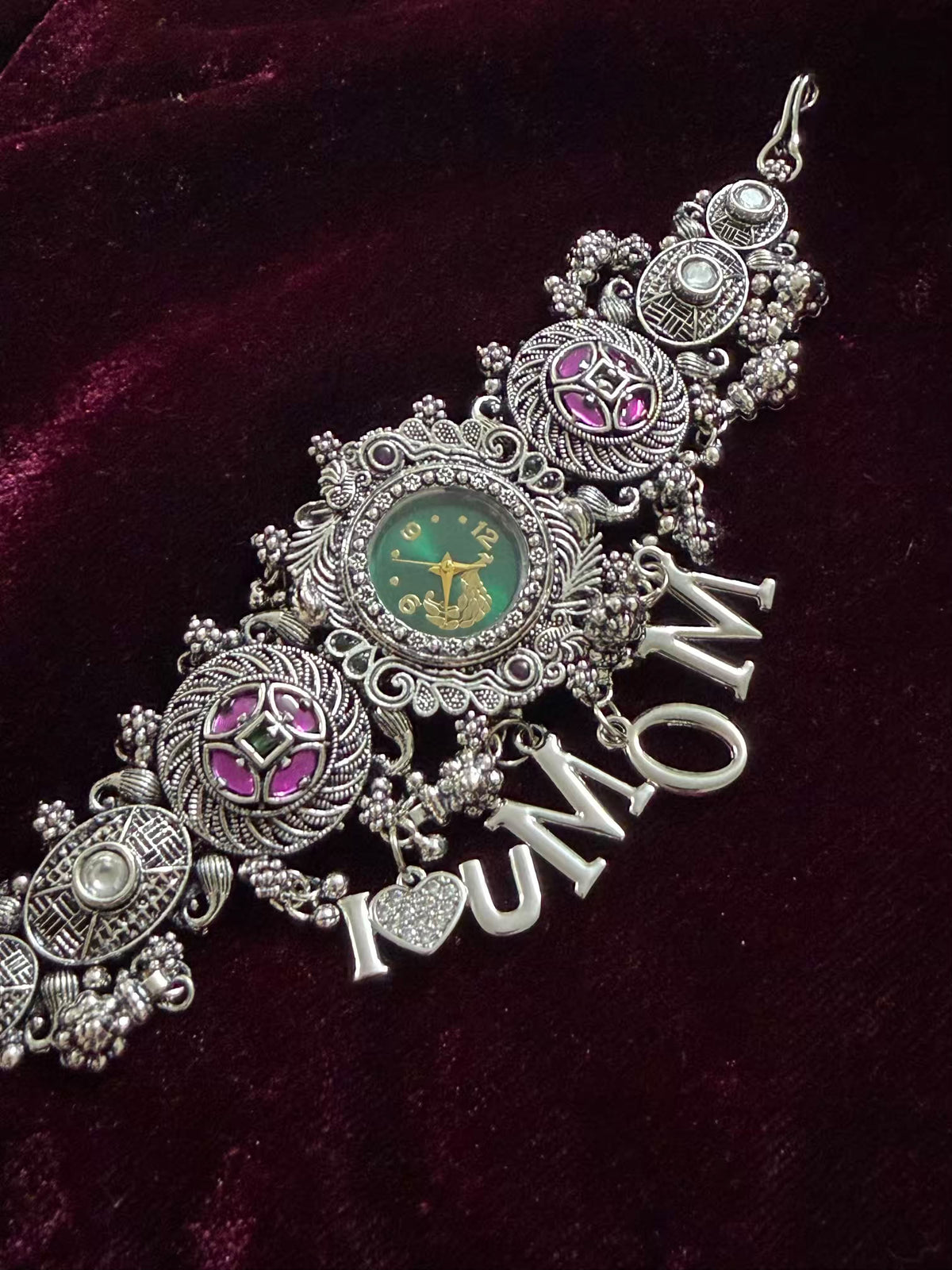 I Love You Mom Emerald Greqen Round Dial Silver Oxidised Peacock Charm Maharani Watch Bracelet
